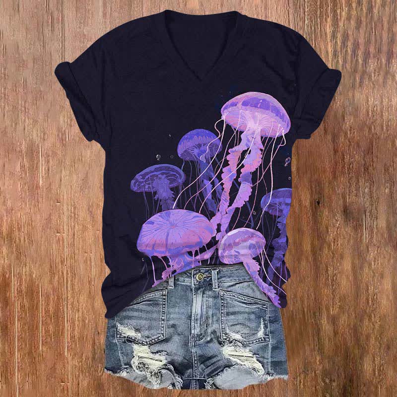 Oil Painting Fantasy Octopus Art Print V-neck T-shirt - Black - US32-34(5XL) - image 4