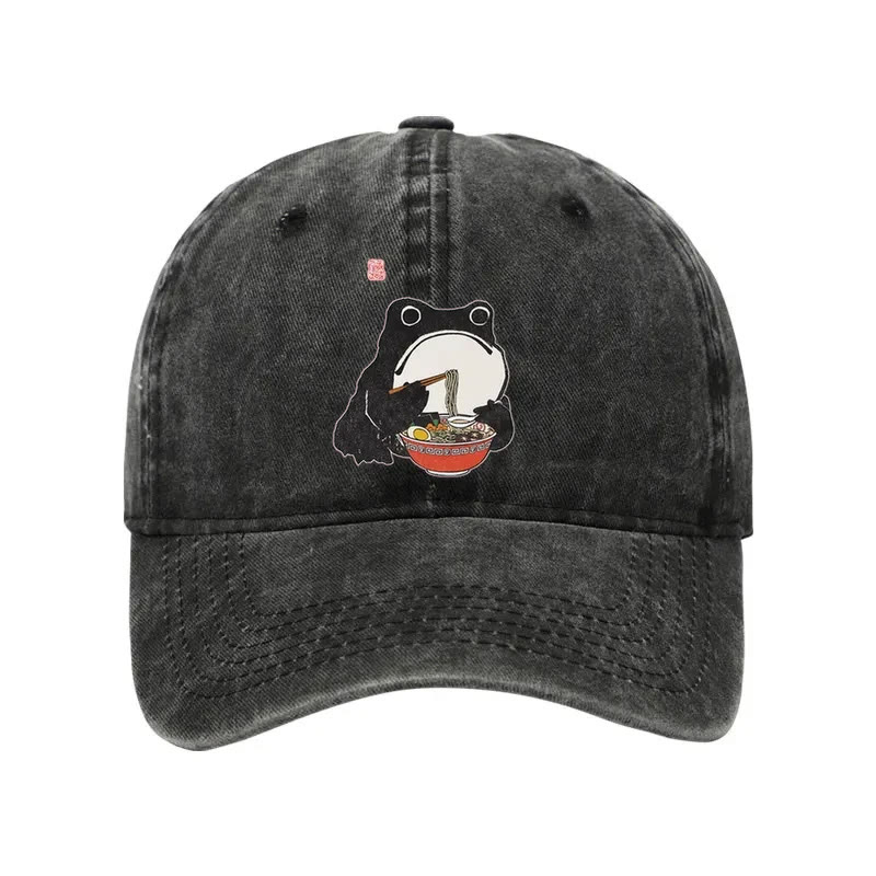 Unisex 100% Cotton Funny Frog Eating Ramen Vintage Print Cap - Black - one size - image 4