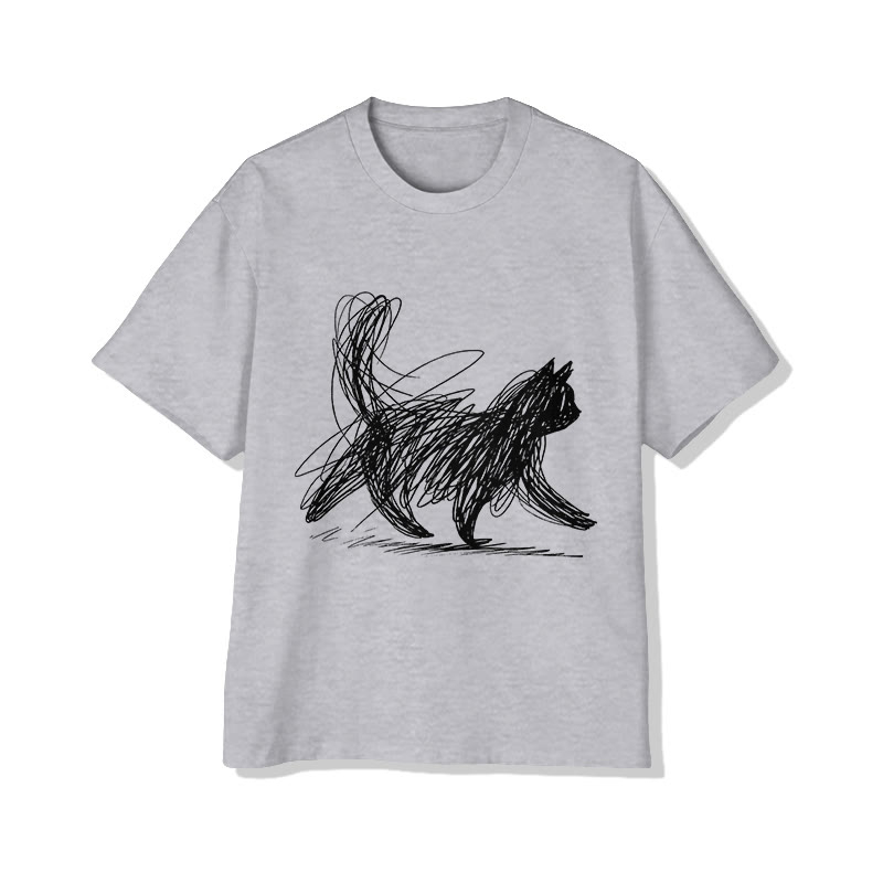 Unisex Black Line Doodle Cat Print Short Sleeved Crew Neck T-shirt - Grey - 2XL - image 3