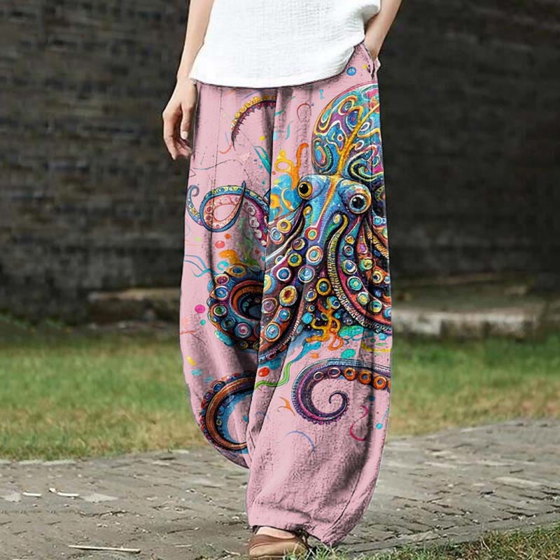 Vintage Rainbow Octopus Art Print Casual Pants - Pink - US18(5XL) - image 3