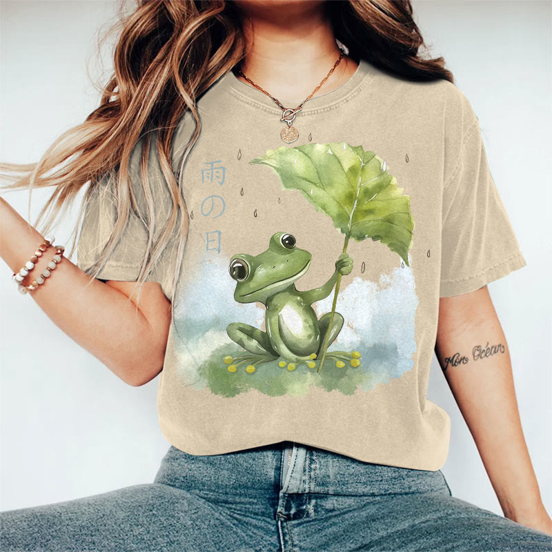 100% Cotton Women's Japanese Raining Day's Frog Art Print Casual T-shirt - Khaki - 2XL - image 4