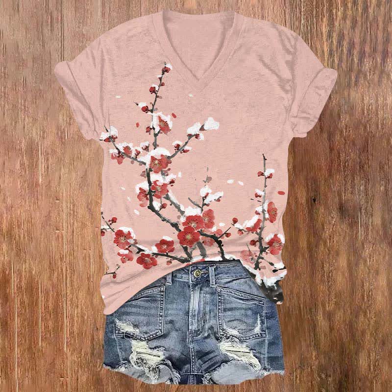 Japanese Vintage Plum Blossom Art Print V-neck T-shirt - Pink - US32-34(5XL) - image 5