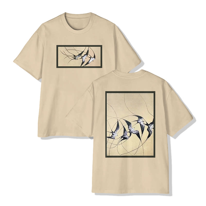 Unisex Japanese Zen-inspired Swallow Motif Art Pattern Cotton Print T-shirt - Apricot - US20-22(3XL) - image 3