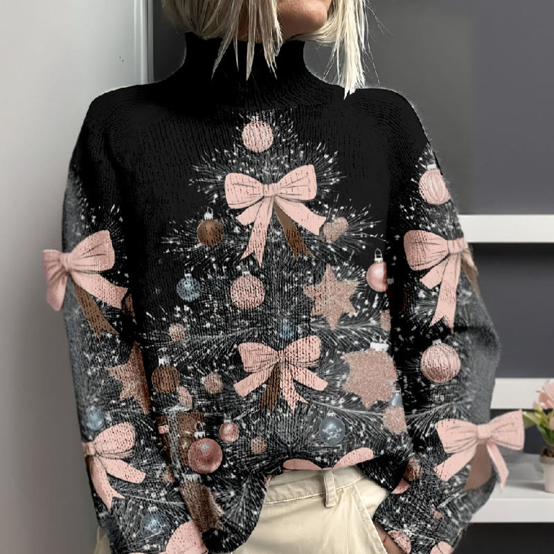 Women's Christmas Tree With Bow Tie And Bells Print Turtleneck Pullover Sweater - image 2
