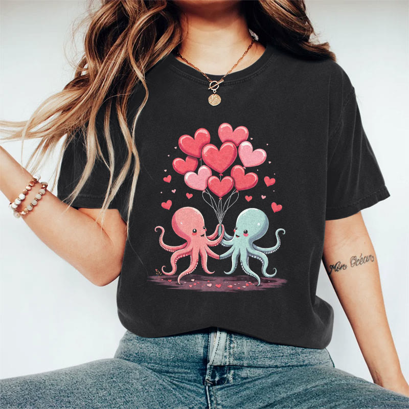 100% Cotton Valentine's Day Octopus Heart T-shirt - Black - 2XL - image 2