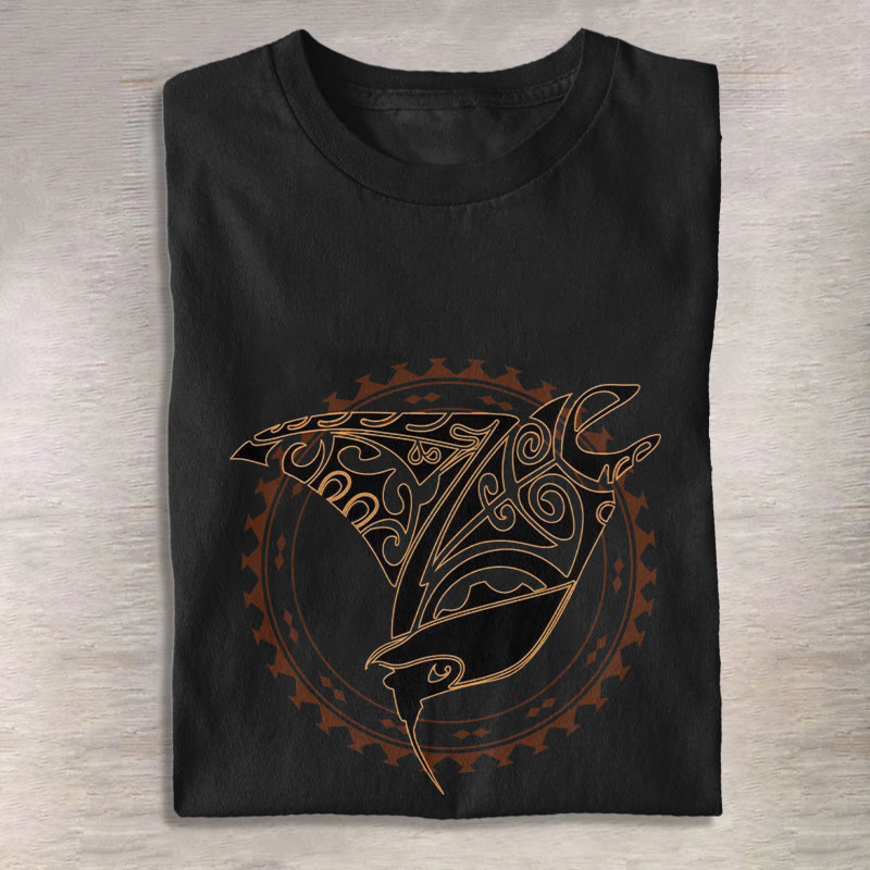 Unisex Tribal Manta Ray Graphic Print Short Sleeved Crew Neck T-shirt - Black - 2XL - image 4