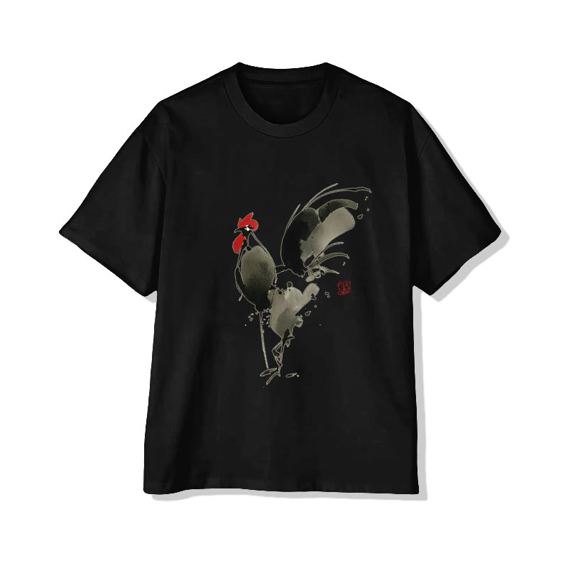 Japanese Chicken Ink Painting Art Print Short Sleeved Crew Neck T-shirt - Black - 2XL - image 4