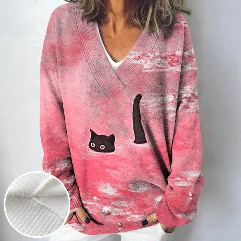 Women's Oil Painting Cat Print Causal V-neck Pullover Sweater - image 10