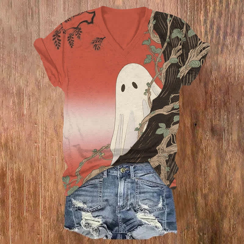 Halloween Funny Ghost Hiding Behind The Tree Print V-neck T-shirt - Red - US32-34(5XL) - image 5