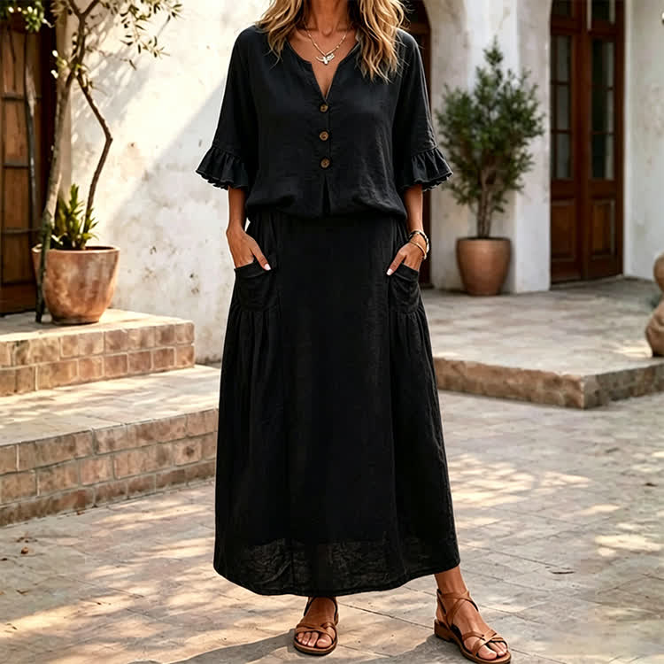 Solid Button V-neck Ruffle Sleeves Blouse & Solid Pocket Skirt Set - Black - 4XL - image 8