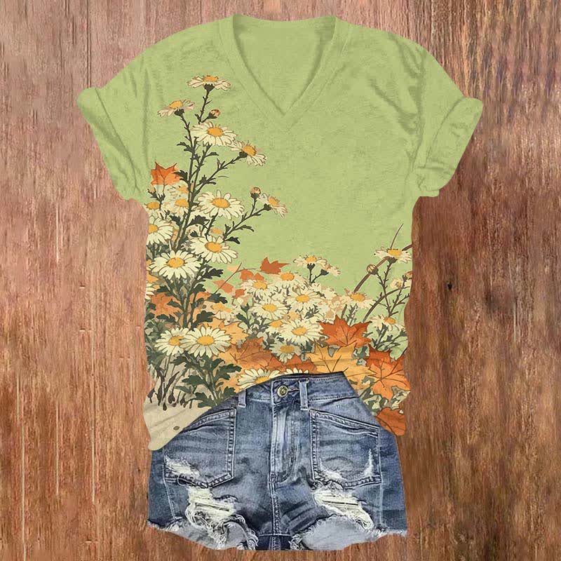 Japanese Oil Painting Sunflower Art Print V-neck T-shirt - Green - US32-34(5XL) - image 3