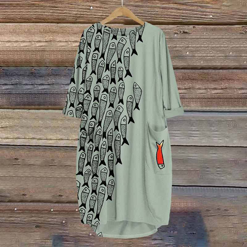 Cute Simple Lines Abstract Geometric Fish Art Print Crew Neck Dress - Light Green - 8XL - image 3