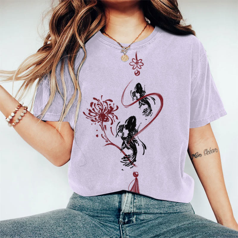 100% Cotton Women's Japanese Ink Watercolor Koi Floral Art Print Casual T-shirt - Purple - 2XL - image 4