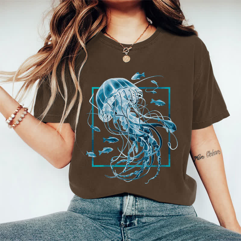 100% Cotton Women's Fantasy Jellyfish Surrounded By Fish Art Print Casual T-shirt - Coffee - 2XL - image 7