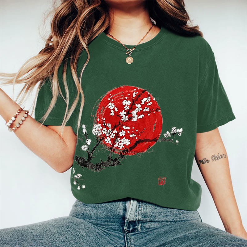100% Cotton Women's Sunrise Japanese Art Print Casual T-shirt - Green - 2XL - image 9