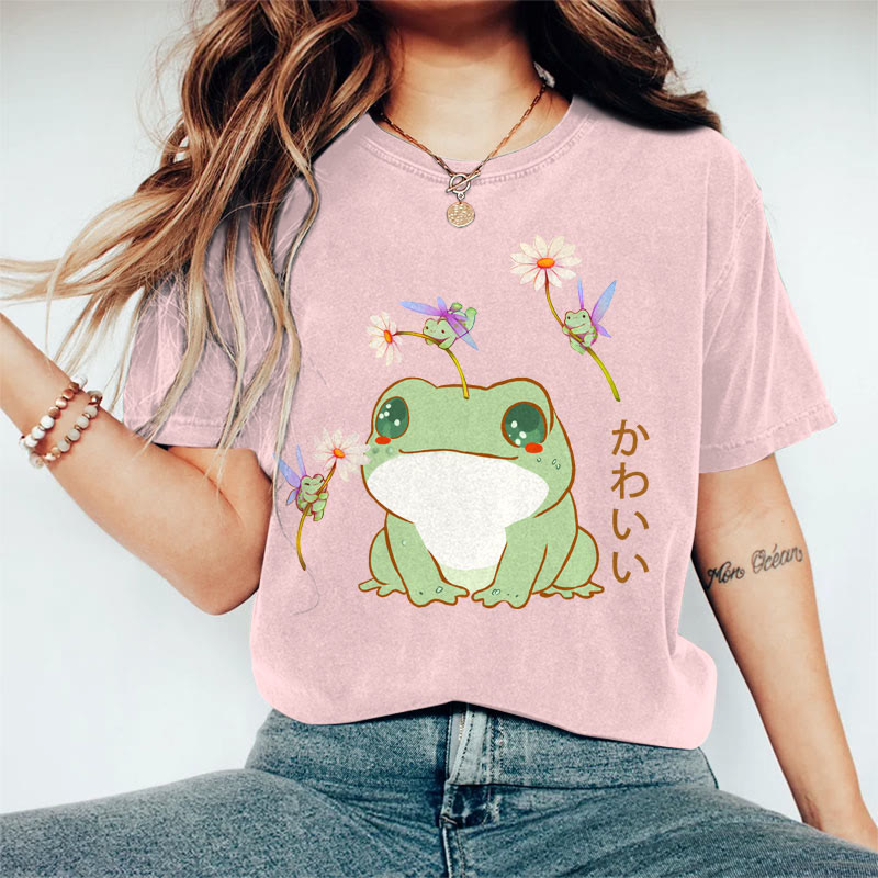 100% Cotton Women's  Japanese Lovely Floral Frogs Art Print Casual T-shirt - Pink - 2XL - image 3