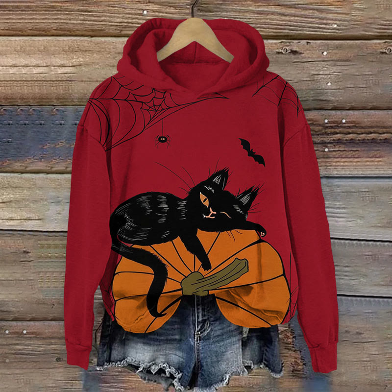 Halloween Pumpkin & Cat Print Long Sleeve Hoodie - Wine - US44-46(8XL) - image 3