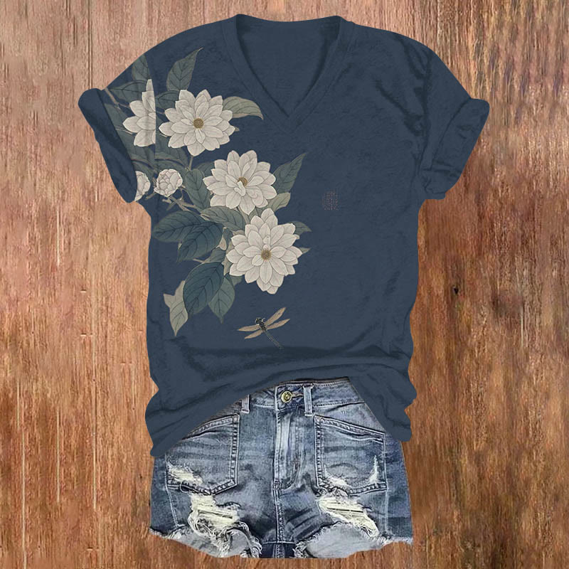 Vintage Begonia Blossom & Dragonfly Art Print V-neck T-shirt - Blue - US32-34(5XL) - image 2