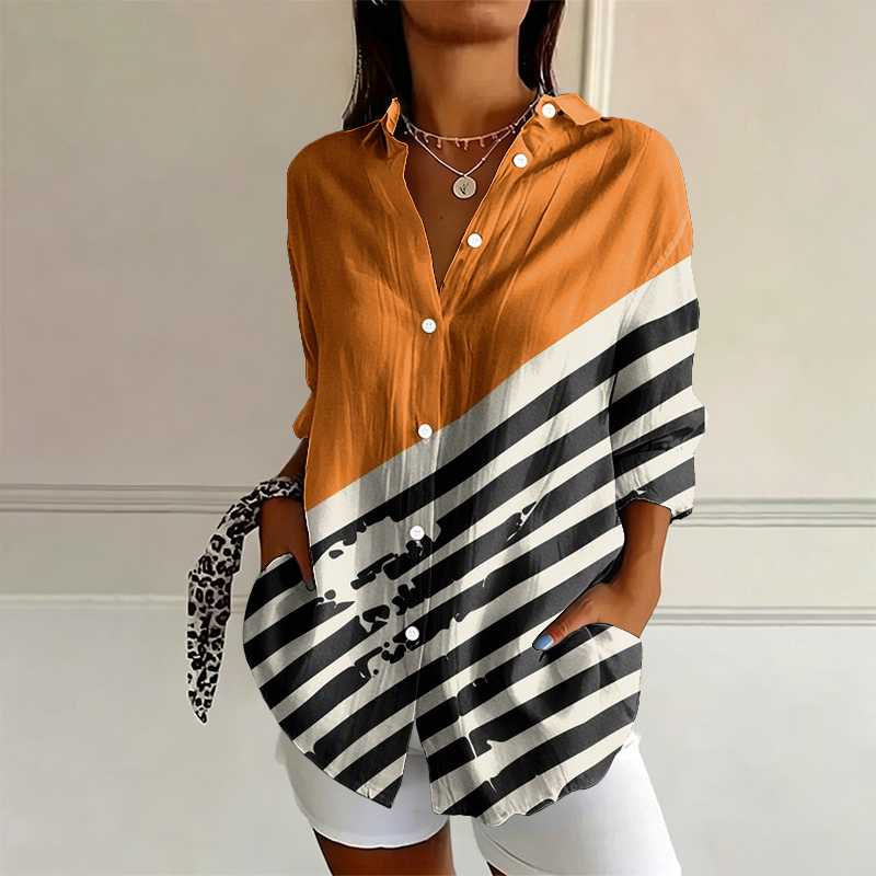 Minimalist Color Block Stripes Pattern Print Long Sleeve Blouse - Orange - 4XL - image 1