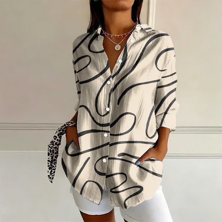 Minimalist Random Curve Pattern Print Long Sleeve Blouse - Apricot - US 22 (4XL) - image 3