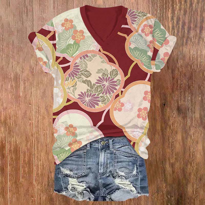 Japanese Geometric Sakura Pattern Art Print V-neck T-shirt - Red - US32-34(5XL) - image 2