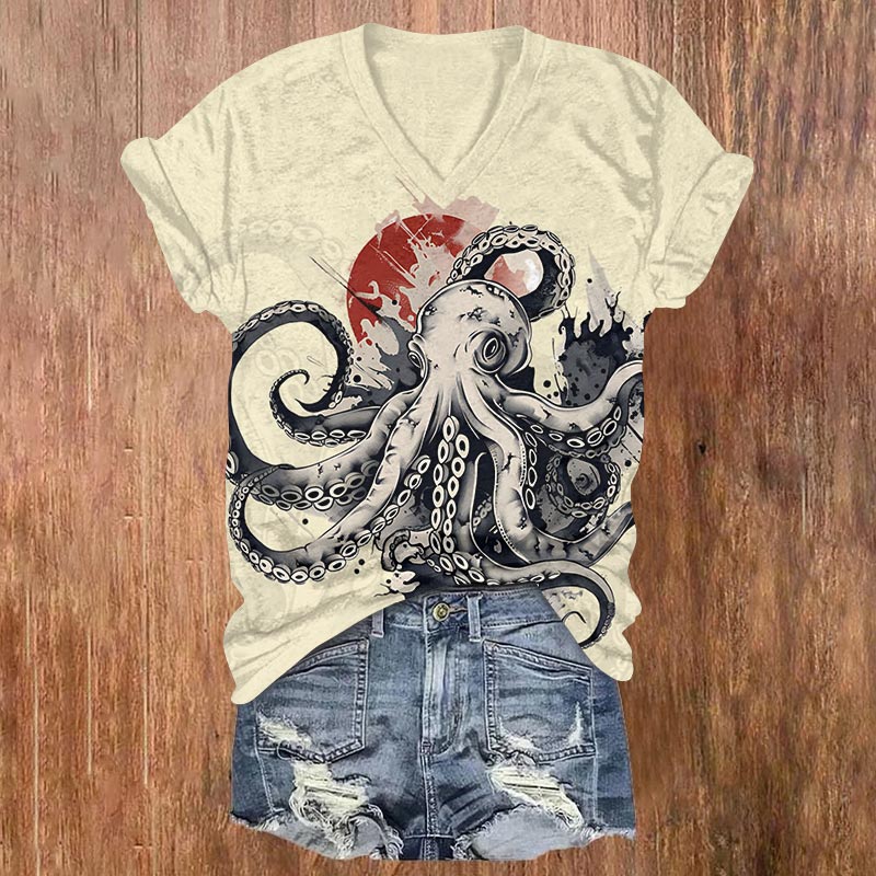 Japanese Ink Watercolor Octopus & Sun Print V-neck T-shirt - Beige - US32-34(5XL) - image 2