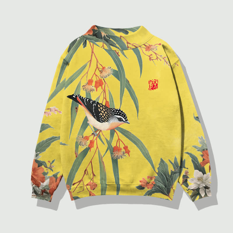 Japanese Vintage Little Bird Pattern Print Mock Neck Sweatshirt - Yellow - 4XL - image 4