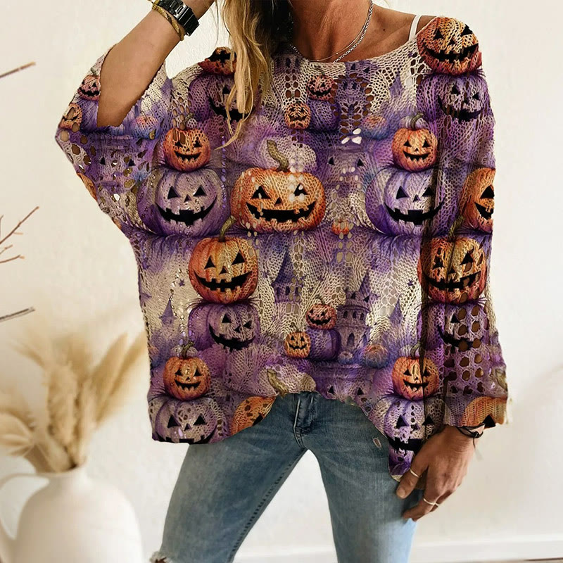 Hollow Halloween Pumpkin And Bat Print Sweater - Purple - 2XL - image 4