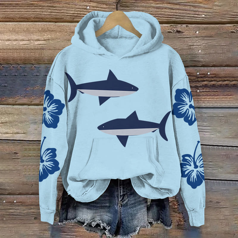 100% Cotton Shark And Dahlia Print Hoodie - Light Blue - 2XL - image 5