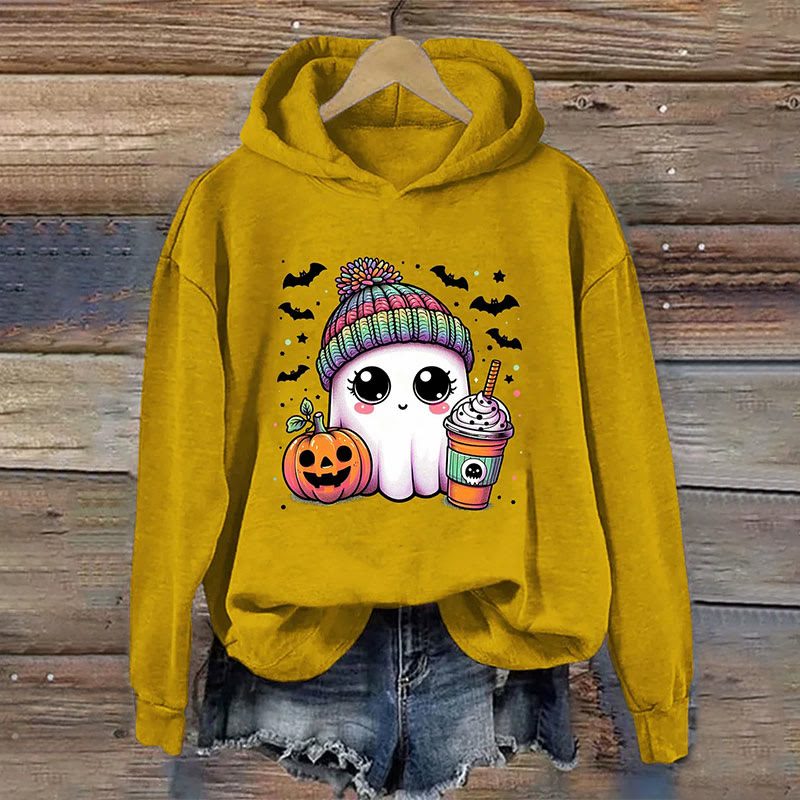 Dashingsoul Cute Ghost Coffee Halloween Print Casual Long Sleeve Hoodie