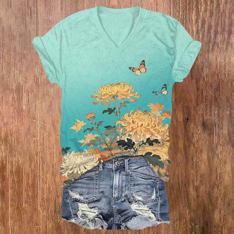 Japanese Lovely Chrysanthemum & Butterfly Art Print V-neck T-shirt - Blue - US32-34(5XL) - image 4