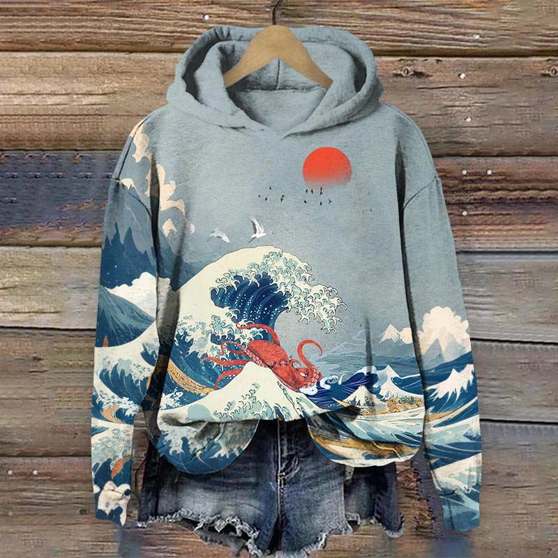 Japanese Style Sea Waves And Octopus Paint Long Sleeve Hoodie - Blue - 8XL - image 1
