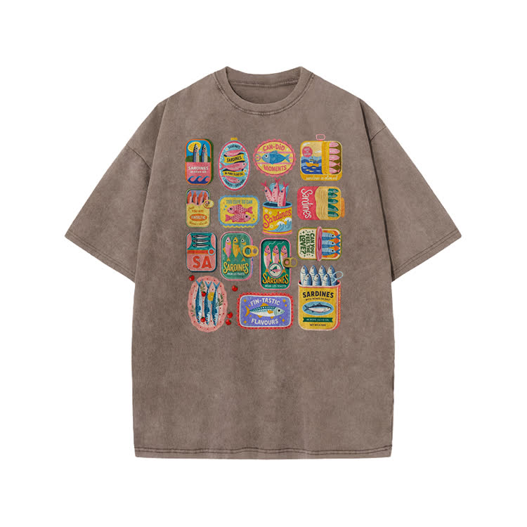 Unisex Vintage Sardine Can Print Acid Washed T-shirt - Coffee - US20-22(3XL) - image 7