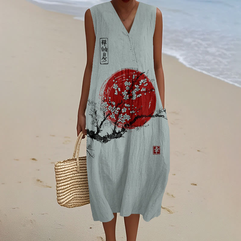 Women's Sunrise Japanese Art Print V-neck Sleeveless Dress - Grey - 5XL - image 2