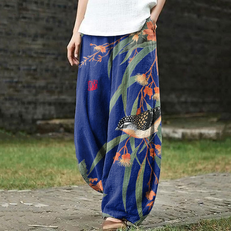 Japanese Vintage Little Bird Pattern Print Casual Bloomers Pants - Blue - US18(5XL) - image 3