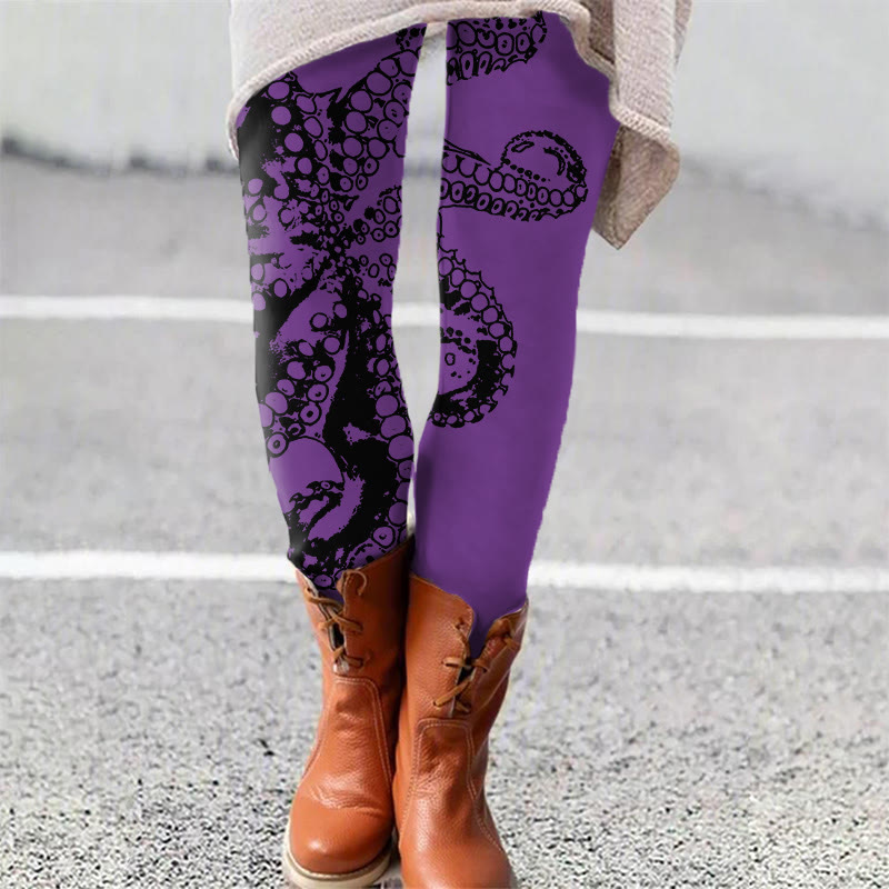 Octopus Asymmetric Print Leggings - Purple - 5XL - image 4