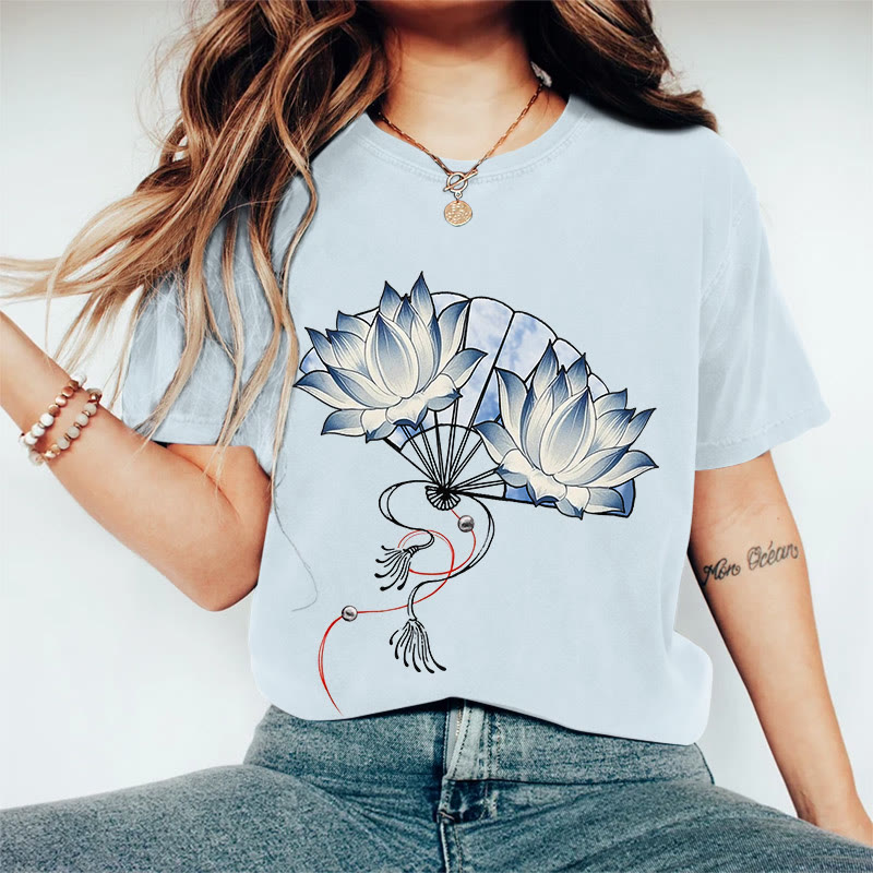 100% Cotton Women's Japanese Style Blue Flower Fan Art Print Casual T-shirt - Blue - 2XL - image 5