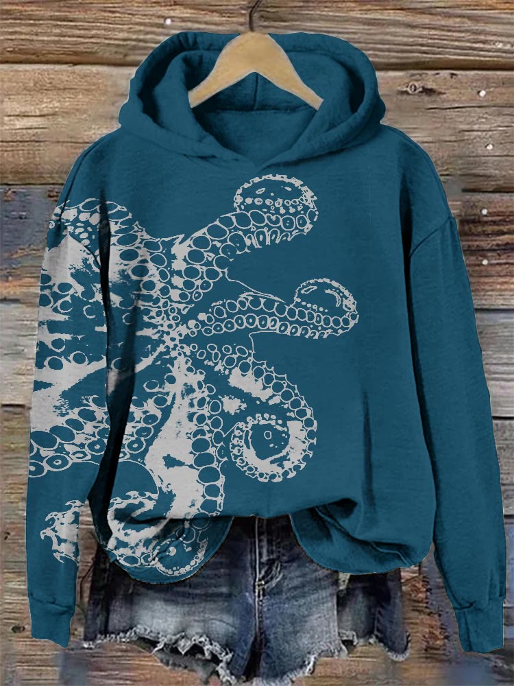 Octopus Asymmetric Print Hoodie