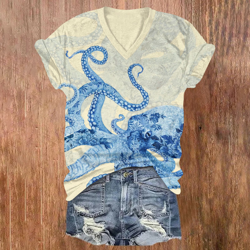 Ocean Blue And White Porcelain Floral Octopus Pattern Print Short Sleeved V-neck T-shirt - Apricot - US32-34(5XL) - image 3