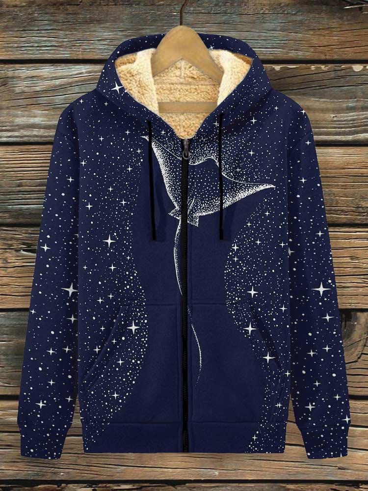 Starry Spotted Eagle Rays Print Fleece Jacket - Navy Blue - 4XL - image 1