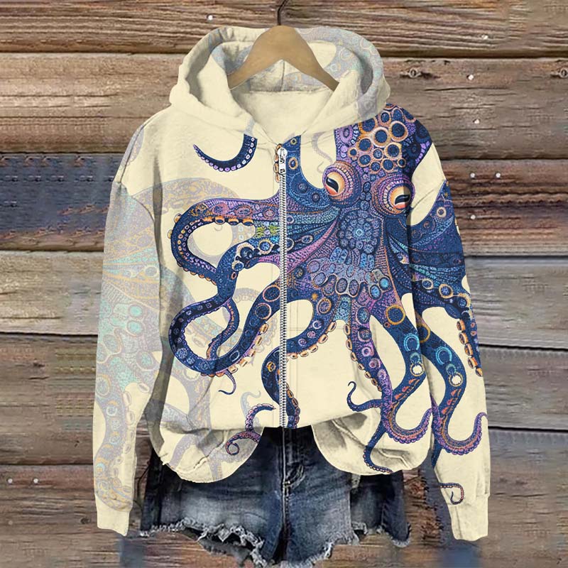 Unique Exquisite Octopus Pattern Art Print Long Sleeve Zipper Hoodie - Apricot - US28-30(4XL) - image 5