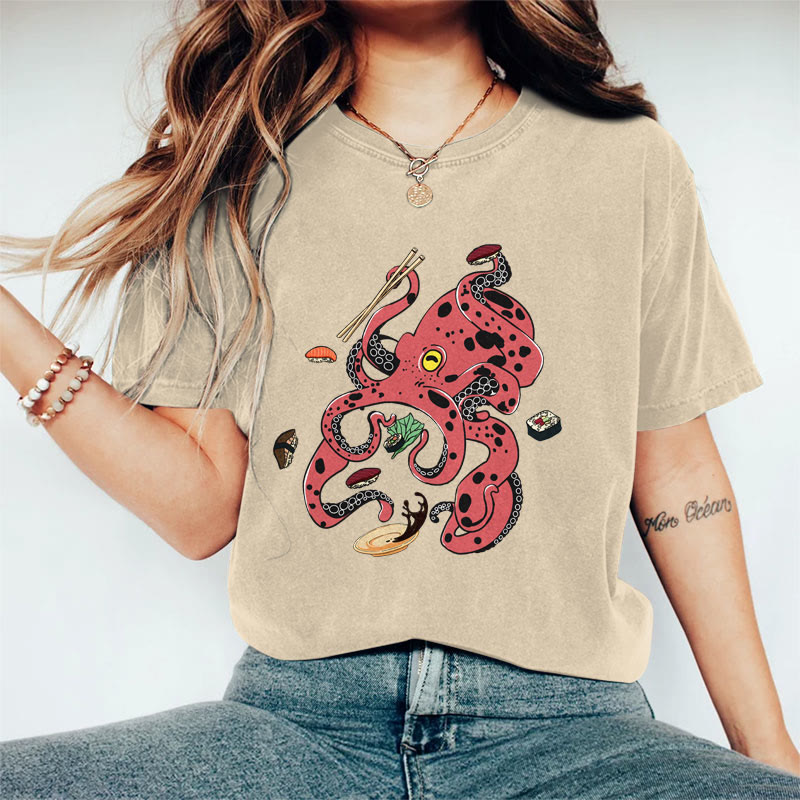 100% Cotton Women's Creative Japanese Octopus Eating Sushi Art Print Casual T-shirt - Khaki - 2XL - image 2