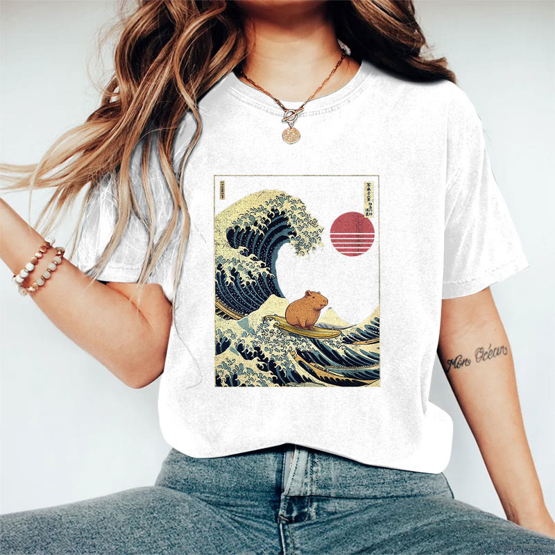 100% Cotton Funny Capybara Kanagawa Japanese Surfing Wave Print T-shirt - White - 2XL - image 3