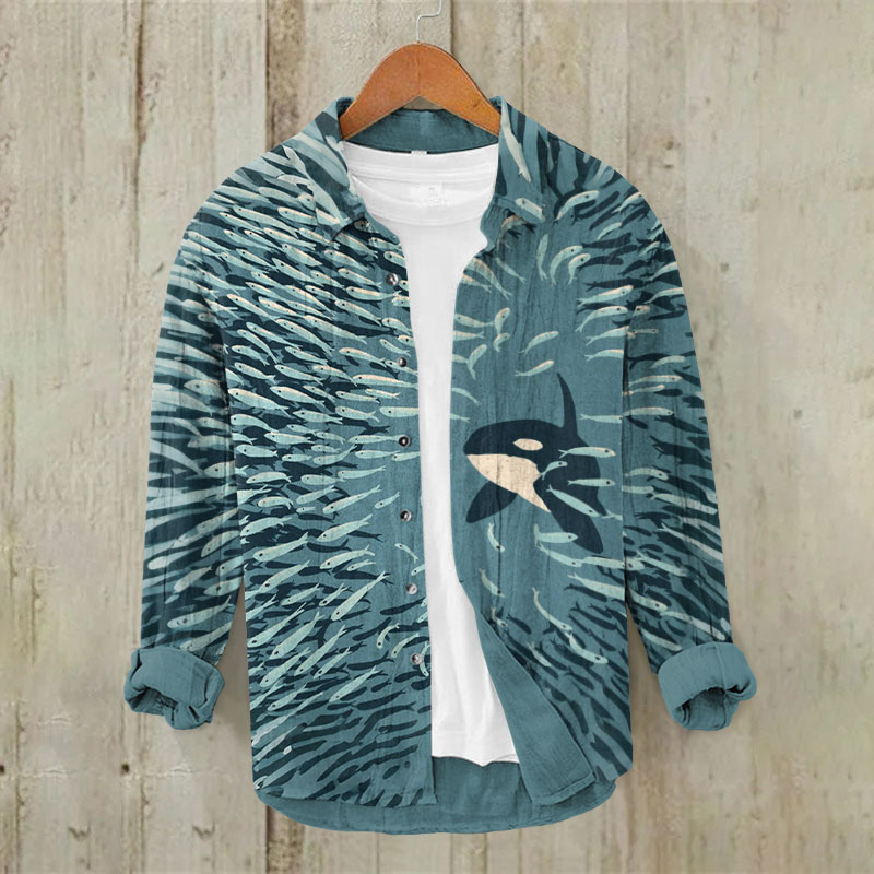 Orca And Herring Ball Art Print Casual Long Sleeve Lapel Shirt - Green - 5XL - image 1