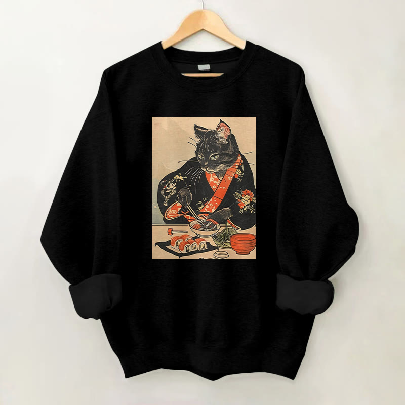 100% Cotton Kimono Cat With Sushi Print Round Neck Casual Fleece Sweatshirt - Black - 2XL - image 2