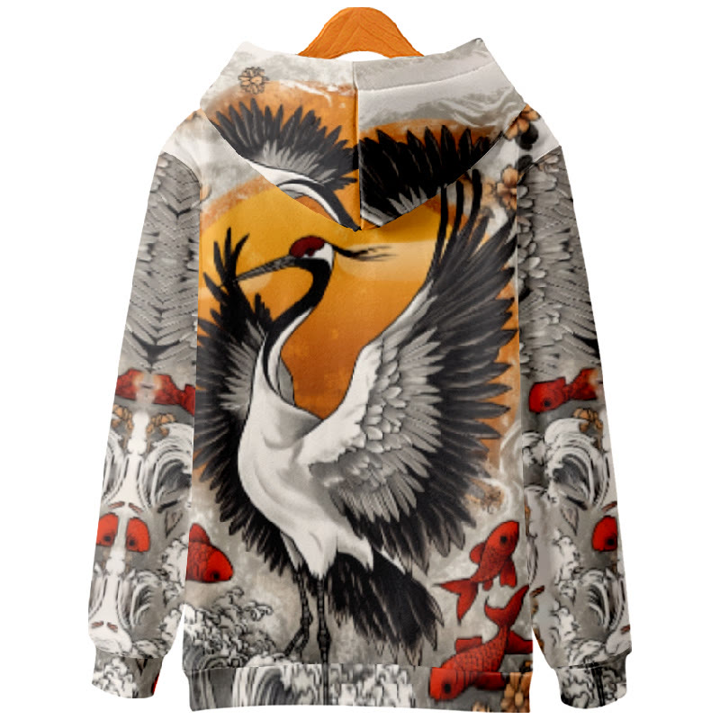 Women's Japanese Lovely Crane Spreading Wings Print Long Sleeve Hoodie - image 2