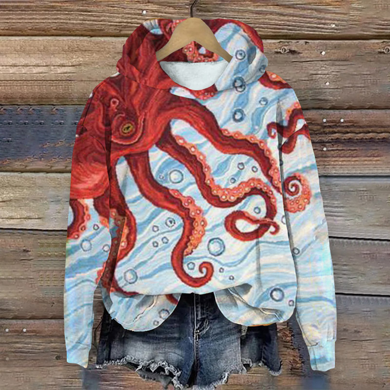 Japanese Red Octopus Print Long Sleeve Hoodie - Red - 8XL - image 1