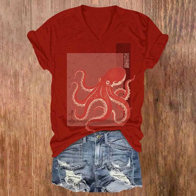 Japanese Cute Red Octopus Art Print V-neck T-shirt - Red - US32-34(5XL) - image 2