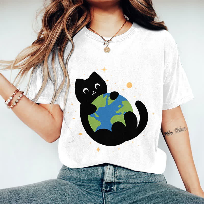 100% Cotton Funny Cat Holding The Earth Art Print T-shirt - White - 2XL - image 5