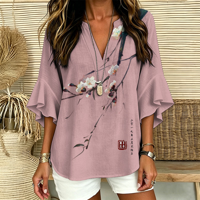 Vintage Plum Blossom Art Print V Neck Half Sleeve Blouse - image 10